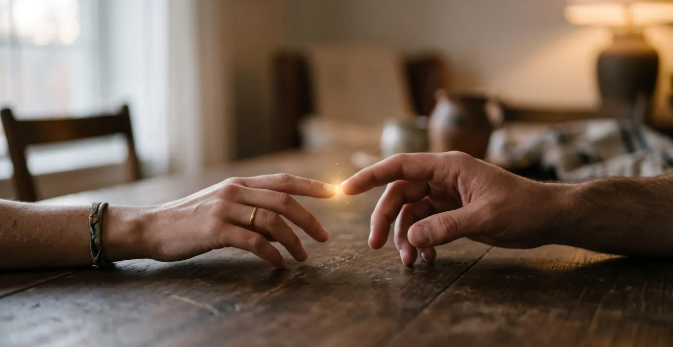 Deux silhouettes proches séparées par un halo de lumière dorée, symbolisant l'étincelle initiale de l'alchimie amoureuse qui ne garantit pas la durée