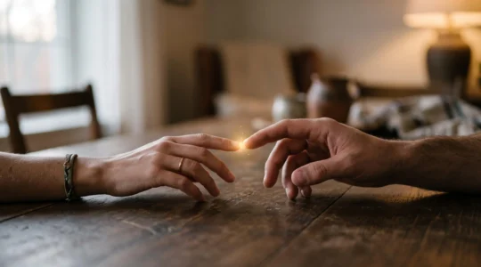 Deux silhouettes proches séparées par un halo de lumière dorée, symbolisant l'étincelle initiale de l'alchimie amoureuse qui ne garantit pas la durée