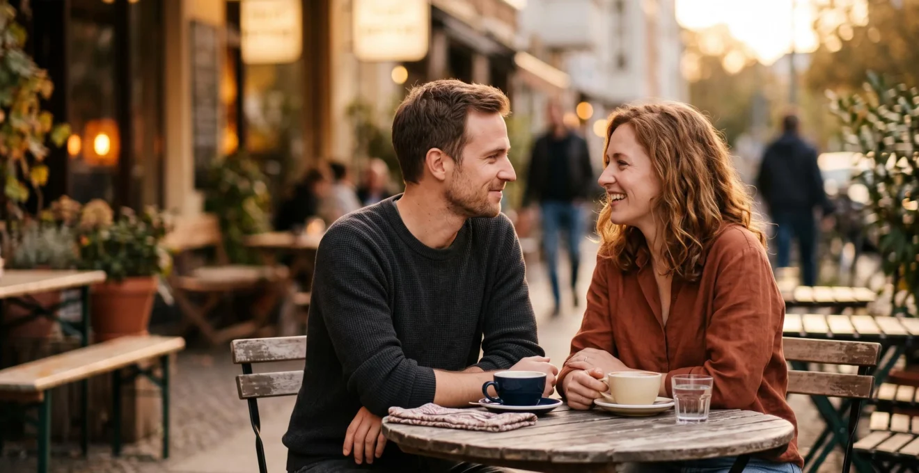 Un homme et une femme assis face a face dans un cafe, echangeant un regard complice qui traduit une attirance mutuelle naissante