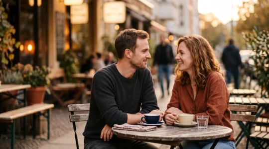 Un homme et une femme assis face a face dans un cafe, echangeant un regard complice qui traduit une attirance mutuelle naissante