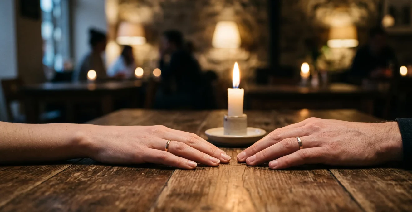 Deux mains qui s'approchent presque sans se toucher au-dessus d'une table, symbolisant l'attente et le désir dans une rencontre naissante