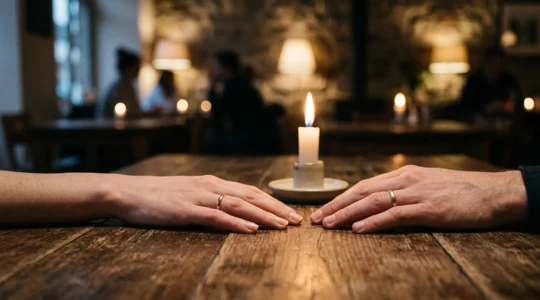 Deux mains qui s'approchent presque sans se toucher au-dessus d'une table, symbolisant l'attente et le désir dans une rencontre naissante