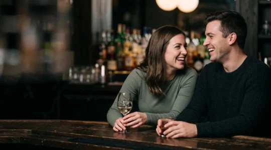 Deux personnes partageant un moment de complicité et de tension romantique dans un cadre chaleureux, illustrant les codes du flirt moderne