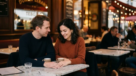 Deux personnes proches l'une de l'autre dans un cafe tamise, sur le point d'un premier contact physique subtil