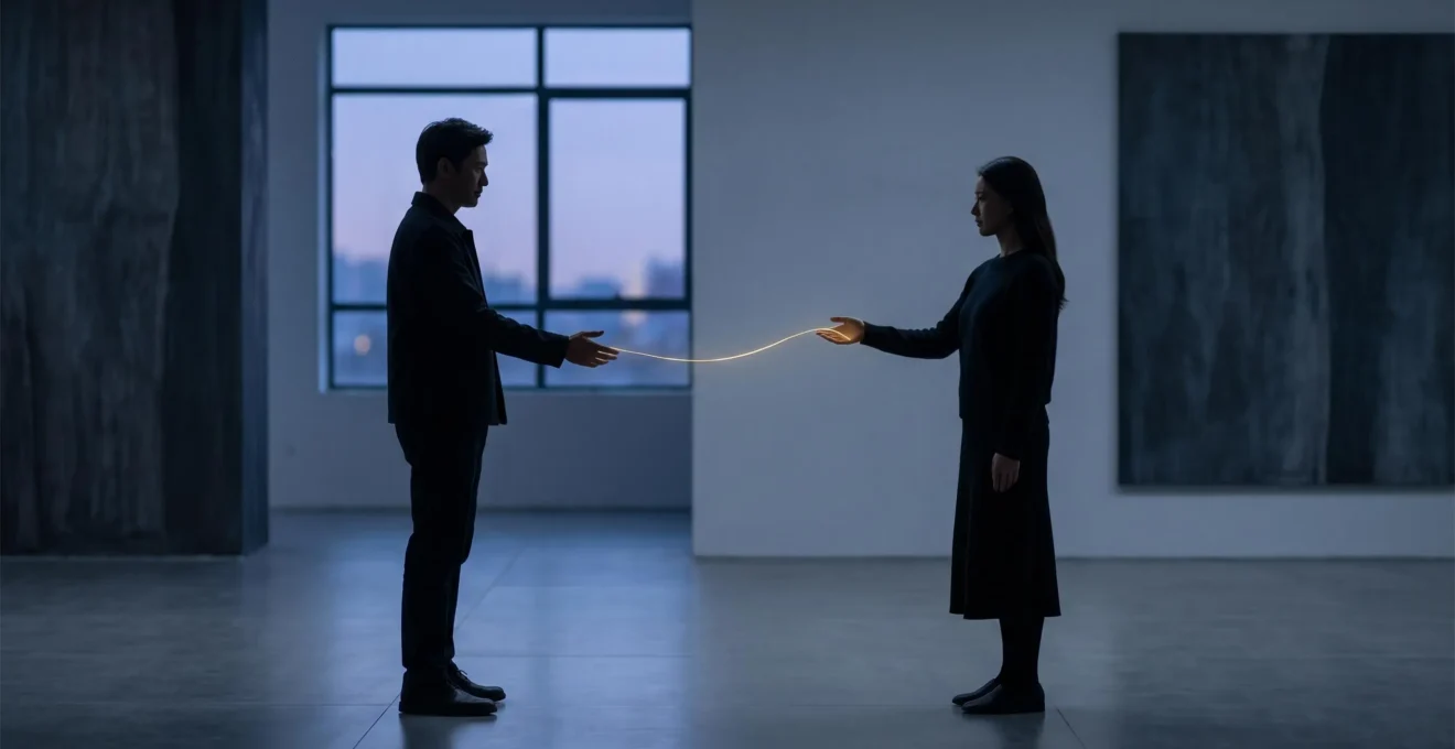 Deux silhouettes se faisant face à distance respectueuse, reliées par un fin fil de lumière dorée symbolisant le lien invisible de l'attachement