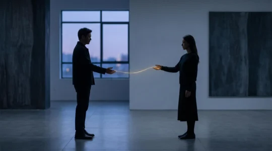 Deux silhouettes se faisant face à distance respectueuse, reliées par un fin fil de lumière dorée symbolisant le lien invisible de l'attachement