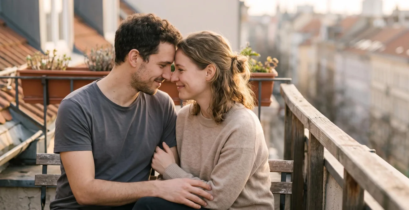 Couple partageant un moment de confiance authentique et de complicité silencieuse, symbole d'une relation solide face aux epreuves