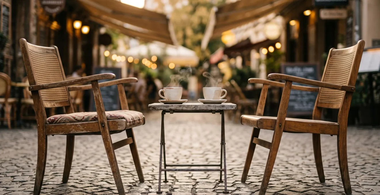 Deux tasses de cafe fumantes posees sur une table face a face, symbolisant une rencontre et une connexion humaine authentique