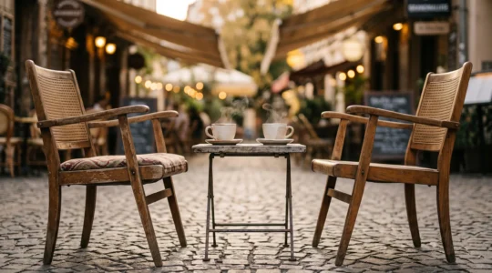Deux tasses de cafe fumantes posees sur une table face a face, symbolisant une rencontre et une connexion humaine authentique