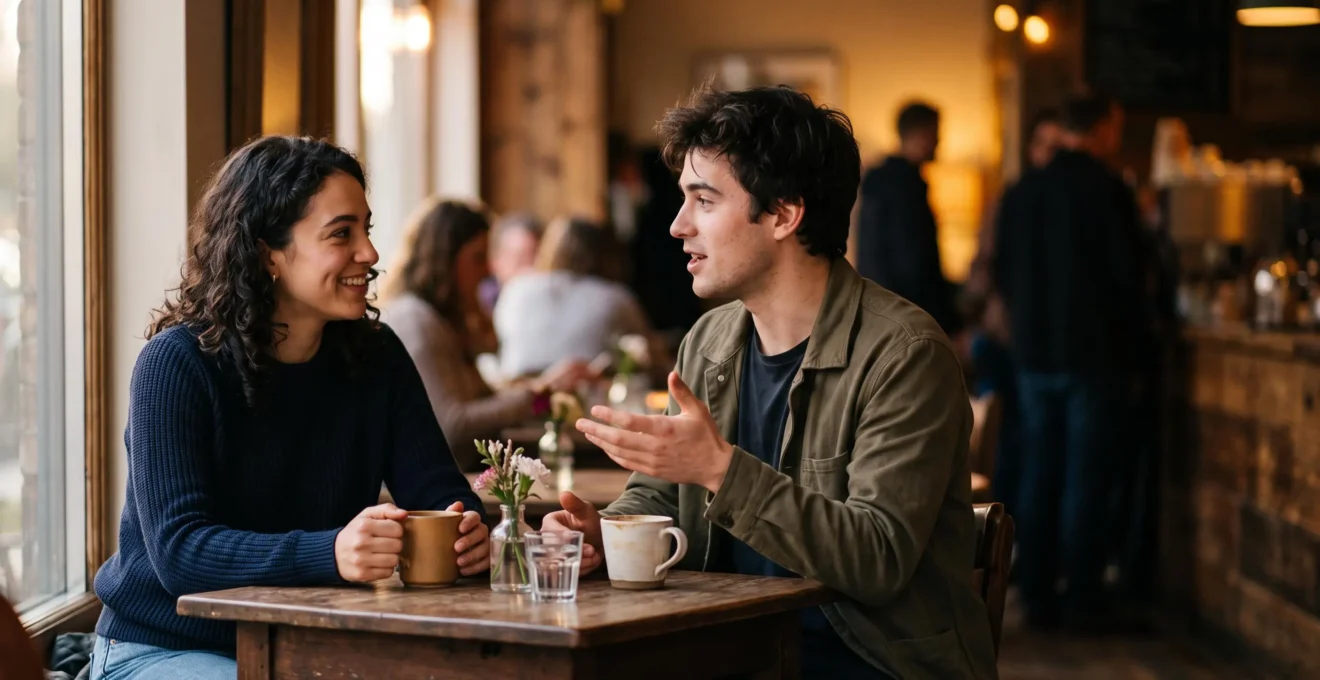 Deux personnes en pleine conversation intime, l'une penchée en avant avec une expression d'écoute attentive et sincère