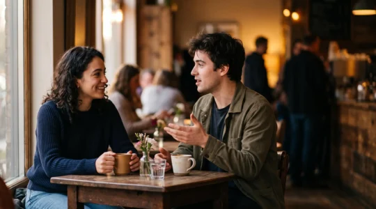 Deux personnes en pleine conversation intime, l'une penchée en avant avec une expression d'écoute attentive et sincère