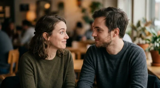 Deux personnes échangeant un regard intense et prolongé révélant une attraction mutuelle