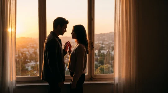 Silhouette d'un couple face a la lumiere doree du soir, symbolisant le passage de l'attirance physique a une connexion emotionnelle durable