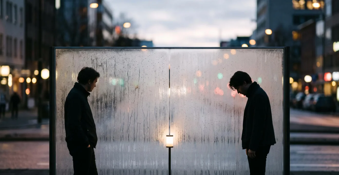 Deux silhouettes séparées par une vitre embuée, symbole d'un malentendu amoureux non résolu