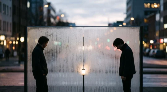 Deux silhouettes séparées par une vitre embuée, symbole d'un malentendu amoureux non résolu
