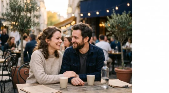 Un couple assis face à face sur une terrasse, échangeant un regard complice et apaisé au coucher du soleil