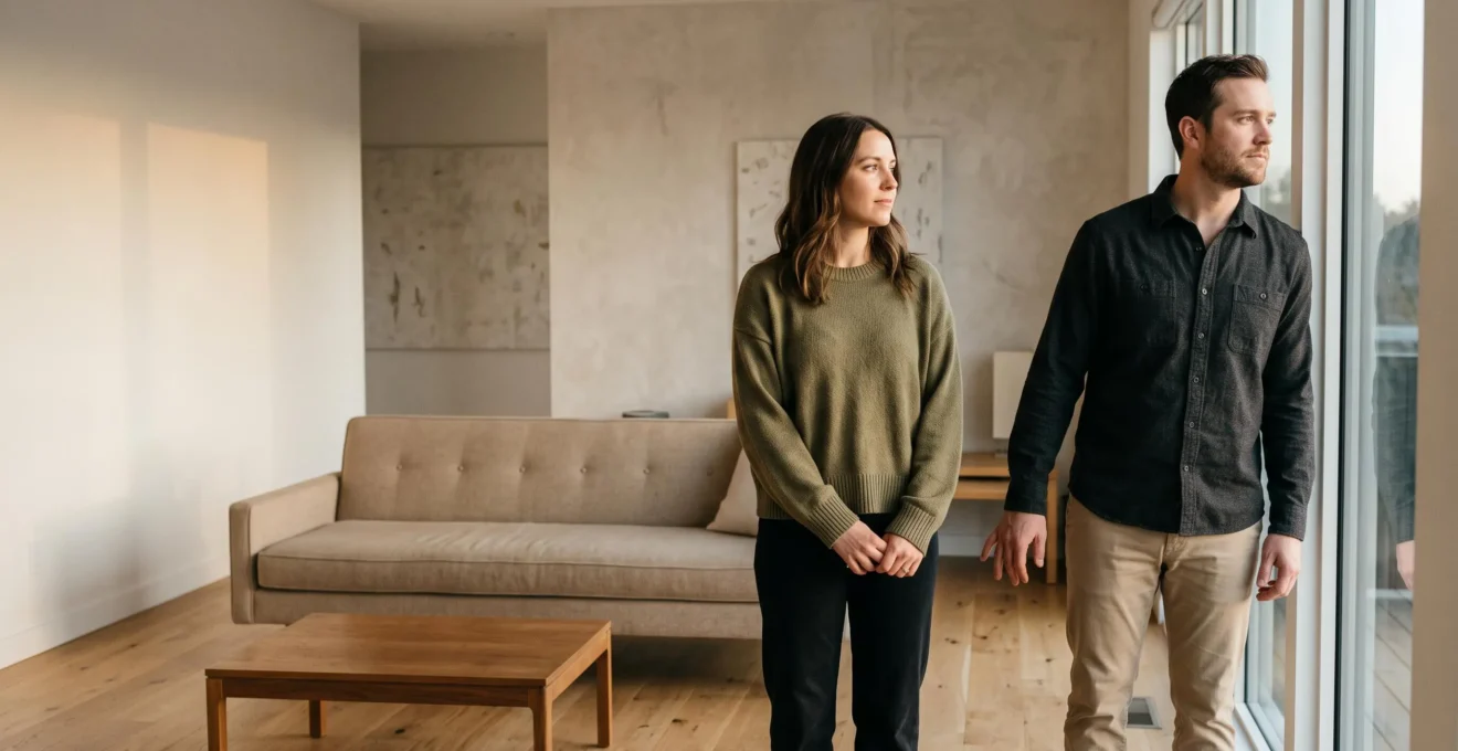 Un couple partageant un moment de complicité tout en gardant chacun son espace personnel, symbole de l'équilibre entre fusion et autonomie