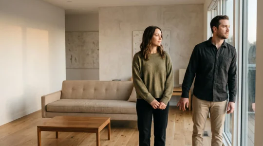 Un couple partageant un moment de complicité tout en gardant chacun son espace personnel, symbole de l'équilibre entre fusion et autonomie