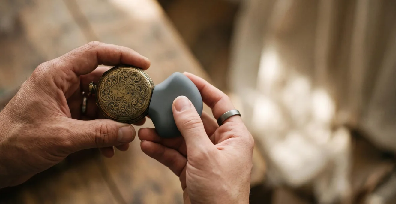 Deux mains superposant délicatement un objet ancien gravé et une surface lisse contemporaine, symbolisant l'équilibre entre tradition et modernité dans la séduction