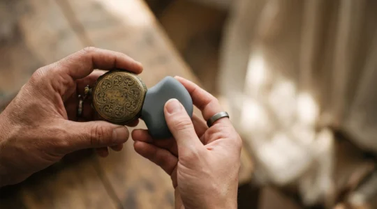 Deux mains superposant délicatement un objet ancien gravé et une surface lisse contemporaine, symbolisant l'équilibre entre tradition et modernité dans la séduction