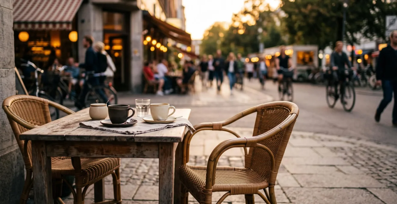 Deux tasses de café sur une table de terrasse à la lumière dorée, symbolisant une invitation légère et naturelle entre deux personnes