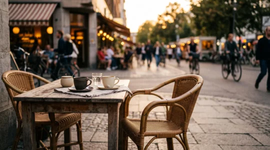 Deux tasses de café sur une table de terrasse à la lumière dorée, symbolisant une invitation légère et naturelle entre deux personnes