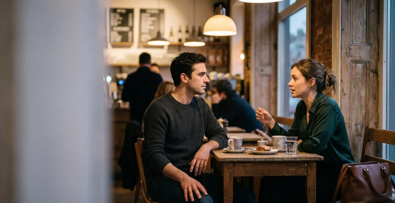 Un homme et une femme assis à une table de café, dans un moment de tension silencieuse mais respectueuse, illustrant la maîtrise émotionnelle en séduction
