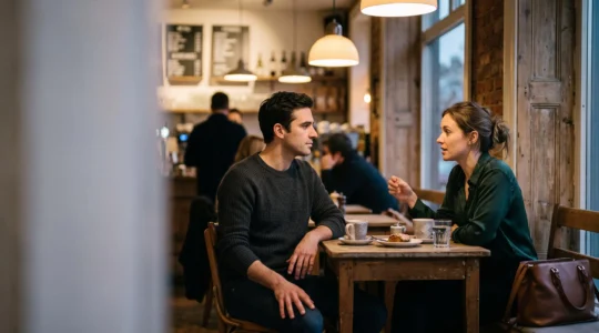 Un homme et une femme assis à une table de café, dans un moment de tension silencieuse mais respectueuse, illustrant la maîtrise émotionnelle en séduction