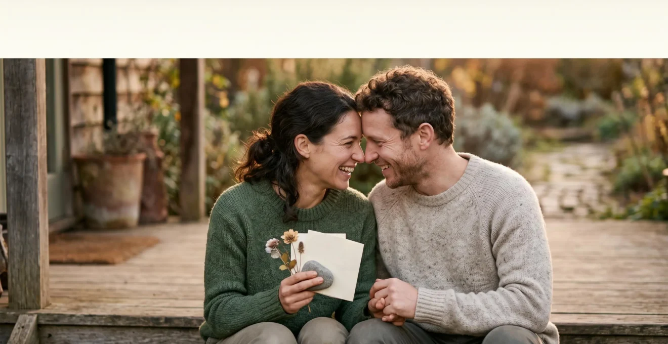 Couple partageant un instant de complicité au coucher du soleil, entouré d'objets symboliques de souvenirs communs