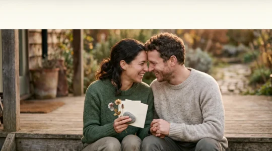 Couple partageant un instant de complicité au coucher du soleil, entouré d'objets symboliques de souvenirs communs