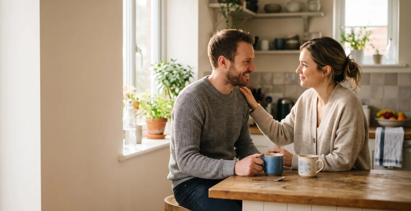 Un couple partage un moment de complicité tranquille dans une cuisine baignée de lumière matinale, symbolisant l'attention portée au lien affectif au quotidien