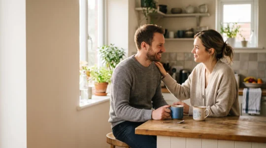 Un couple partage un moment de complicité tranquille dans une cuisine baignée de lumière matinale, symbolisant l'attention portée au lien affectif au quotidien