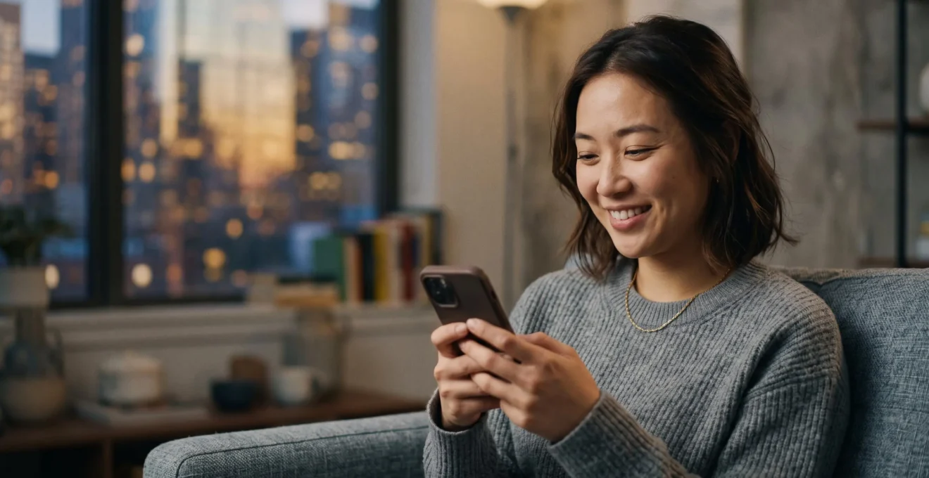 Jeune personne souriante regardant son telephone dans la penombre, illuminee par la lueur de l'ecran, symbolisant l'instant d'une nouvelle conversation en ligne