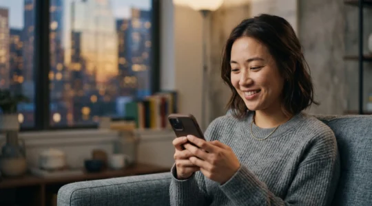 Jeune personne souriante regardant son telephone dans la penombre, illuminee par la lueur de l'ecran, symbolisant l'instant d'une nouvelle conversation en ligne