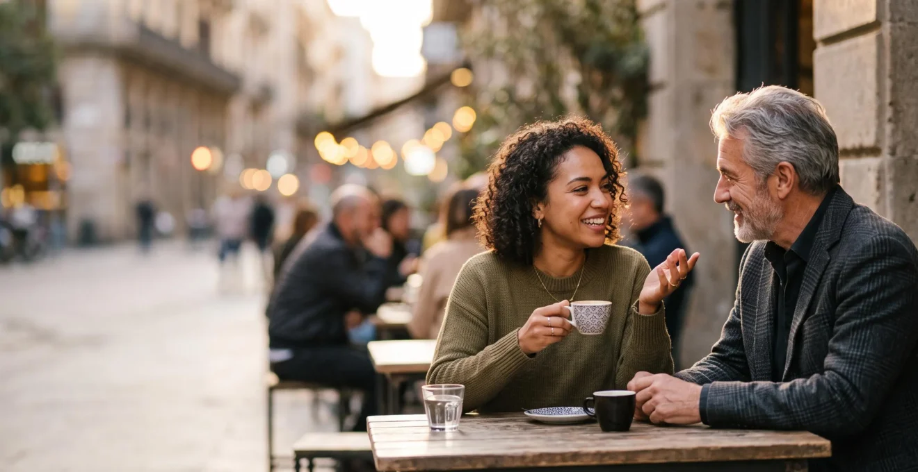 Deux silhouettes en pleine conversation chaleureuse, symbolisant le passage des compétences amoureuses vers toutes les sphères sociales et professionnelles