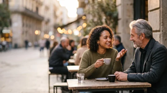 Deux silhouettes en pleine conversation chaleureuse, symbolisant le passage des compétences amoureuses vers toutes les sphères sociales et professionnelles