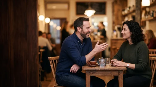 Deux personnes en conversation intime autour d'une table, échange de regards sincère et bienveillant