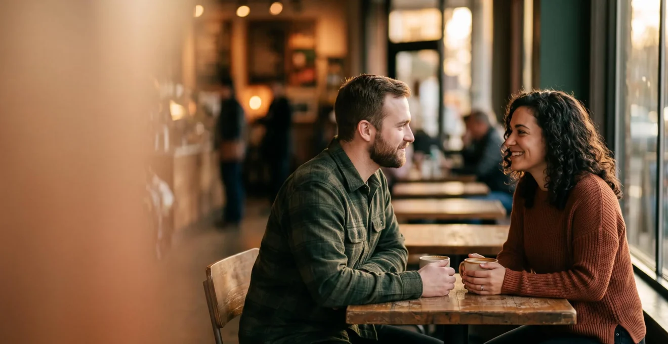 Deux personnes échangeant un regard intense et bienveillant lors d'une rencontre, illustrant le pouvoir du contact visuel en séduction