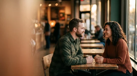 Deux personnes échangeant un regard intense et bienveillant lors d'une rencontre, illustrant le pouvoir du contact visuel en séduction