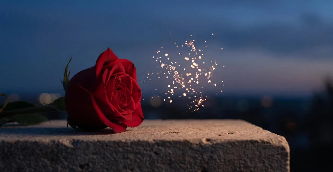 Une rose posée près d'un nuage de particules lumineuses évoquant la rencontre entre romantisme traditionnel et connexion numérique