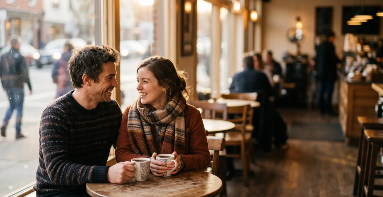 Un homme et une femme partagent un regard complice et chaleureux autour d'une table de café, illustrant une connexion émotionnelle immédiate