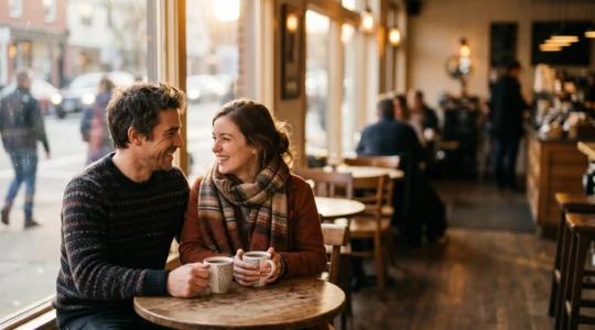 Un homme et une femme partagent un regard complice et chaleureux autour d'une table de café, illustrant une connexion émotionnelle immédiate