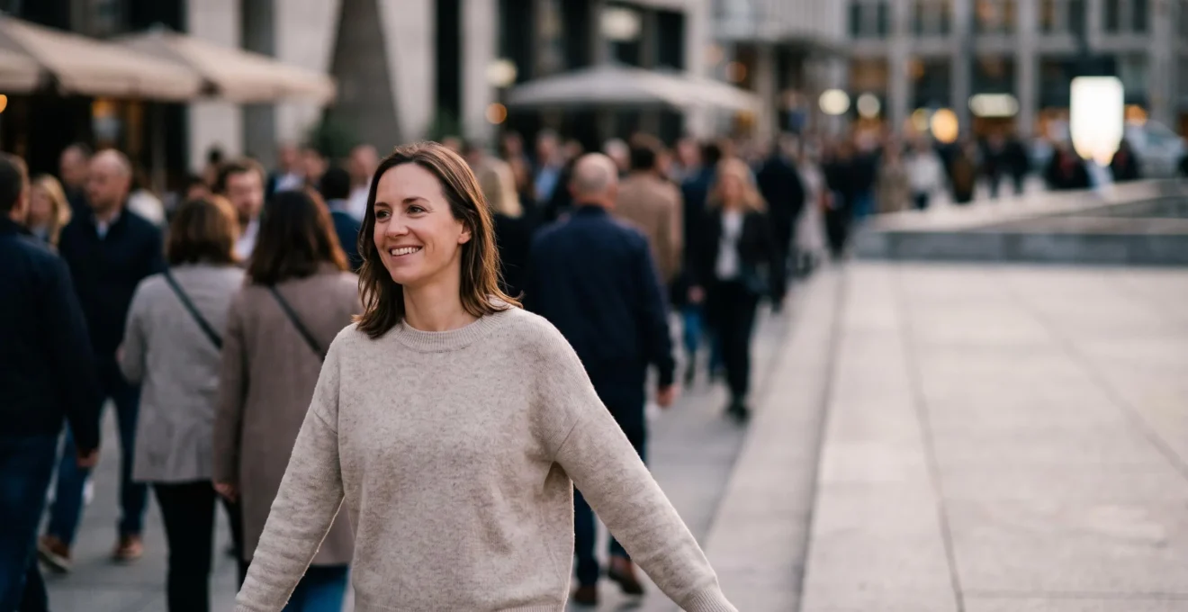 Une personne confiante et souriante se distinguant naturellement au milieu d'un groupe flou, symbolisant l'authenticité face aux normes sociales