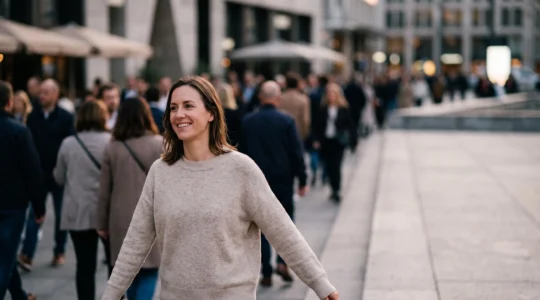 Une personne confiante et souriante se distinguant naturellement au milieu d'un groupe flou, symbolisant l'authenticité face aux normes sociales