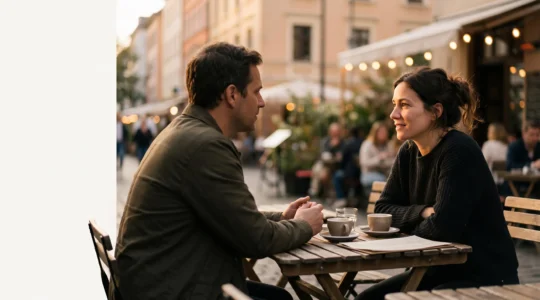 Deux silhouettes assises face a face a la lumiere douce du soir, echangeant un regard complice qui suggere une decouverte progressive et respectueuse du mystere de l'autre