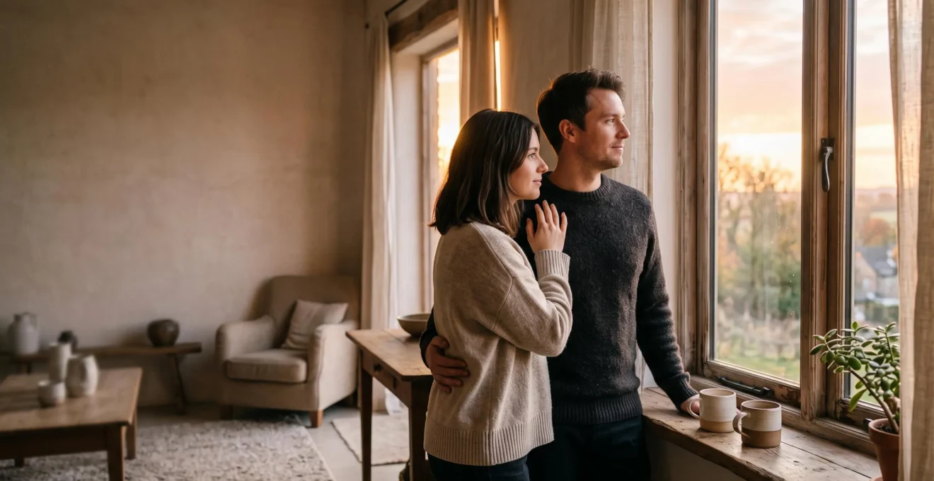 Couple partageant un moment de tendresse silencieuse autour d'un café le matin, symbole des rituels quotidiens qui renforcent le lien