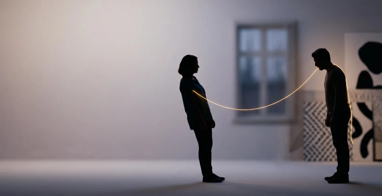 Silhouette d'un couple relié par un fil de lumière symbolisant les styles d'attachement amoureux