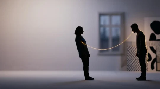 Silhouette d'un couple relié par un fil de lumière symbolisant les styles d'attachement amoureux