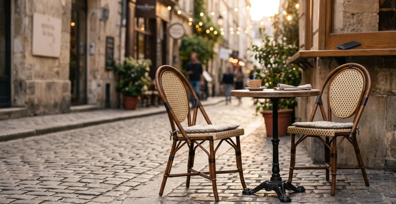 Deux chaises de cafe face a face en exterieur, symbolisant le passage d'une conversation en ligne a un rendez-vous reel