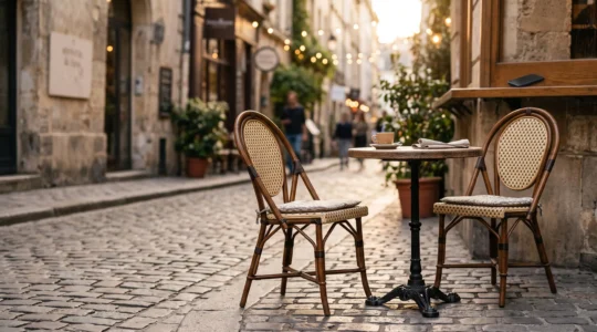 Deux chaises de cafe face a face en exterieur, symbolisant le passage d'une conversation en ligne a un rendez-vous reel